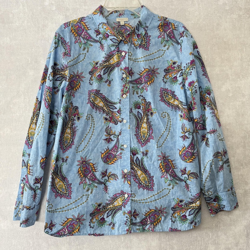 Talbots Shirt Womens Medium Blue Paisley Long Sleeve Button Front‎ Cotton